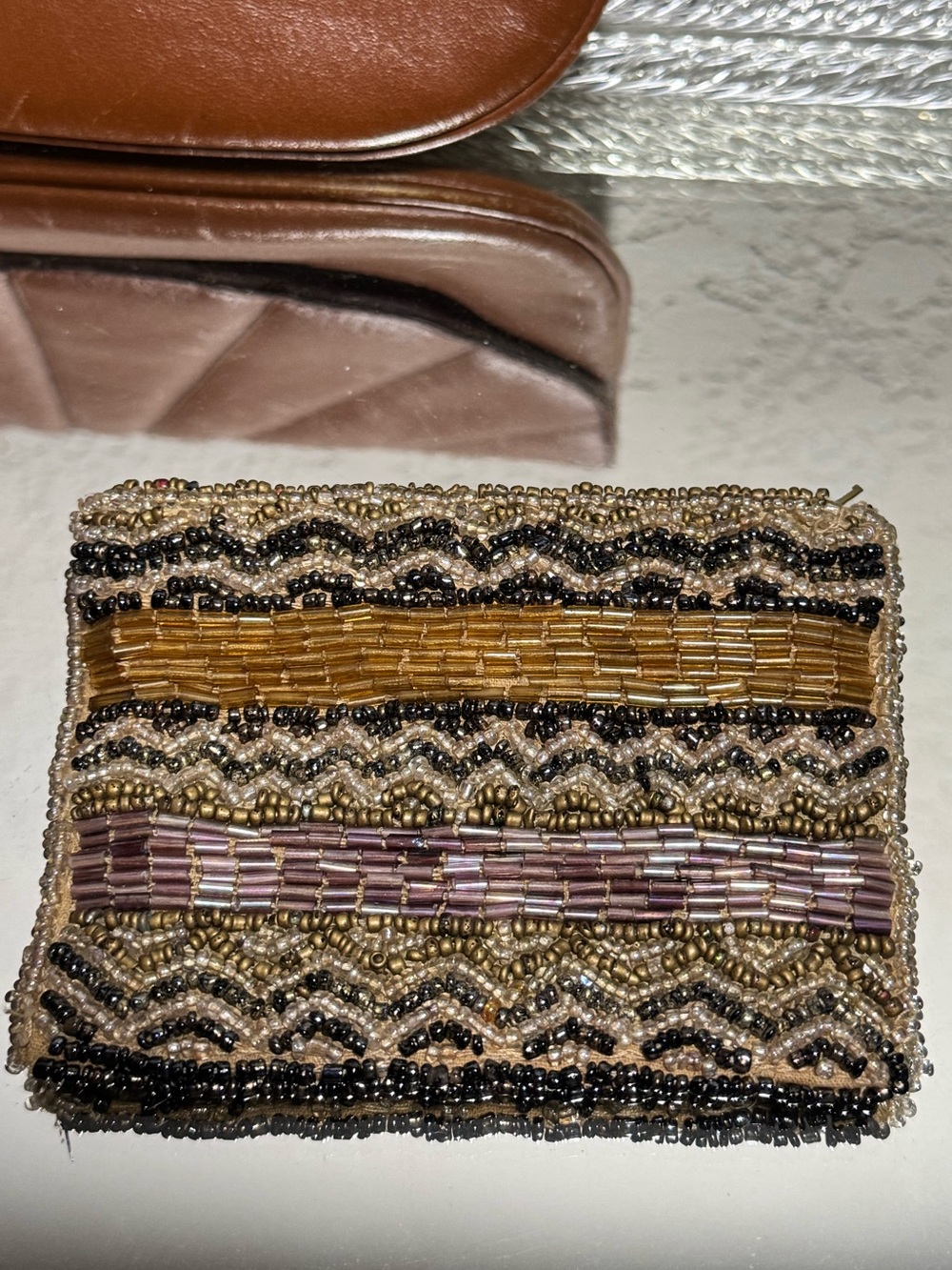 Vintage Leather Wristlet Clutch w/Vintage Beaded Coin Purse - Picture 9 of 13